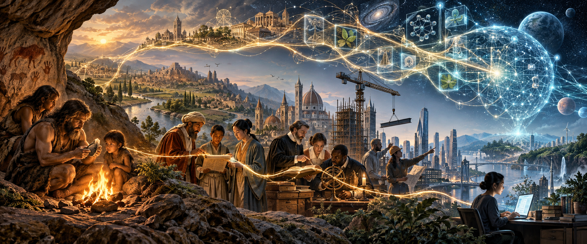 The original artwork: people passing a luminous thread of knowledge through history, from a campfire to science and AI.